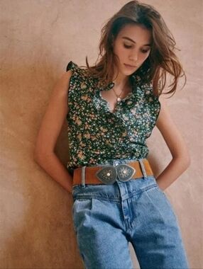 Sezane Caro Navy Print 100% Cotton Shirt Blouse Ruffles